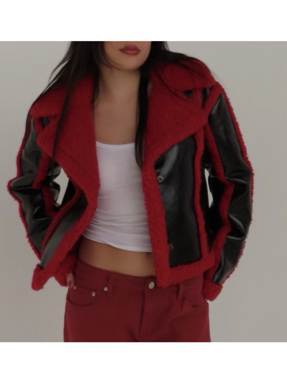 7 For All Mankind Faux Patent Leather Sherpa Moto Jacket Women's XS New with Tag - Picture 5 of 5